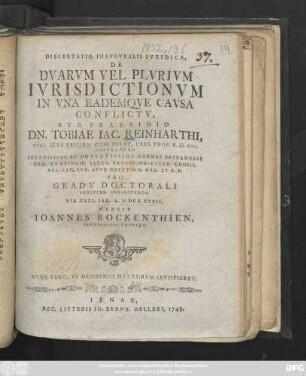 Dissertatio Inavgvralis Ivridica, De Dvarum Vel Plvrivm Ivrisdictionvm In Vna Eademqve Cavsa Conflictv