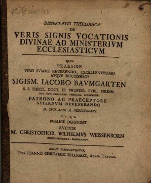 Dissertatio Theologica De Veris Signis Vocationis Divinae Ad Ministerivm Ecclesiasticvm