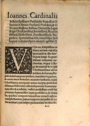 Oratio de sententia Christianissimi Regis, scripta ad Serenissimos, Reuere[n]dissimos, Illustrissimos, Excellentissimos, Magnificos, Spectabiles viros, vniversoque sacri Imperii ordines Spirae conuentum agentes