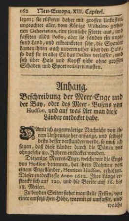 Anhang. Beschreibung der Meer-Enge und der Bay, oder des Meer-Busens von Hudson ...