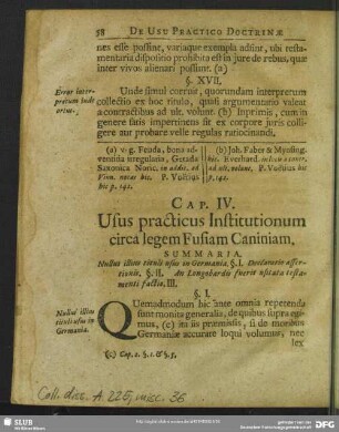 Cap. IV. Usus practicus Institutionum circa legem Fusiam Caniniam