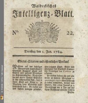 No. 22, Dienstag den 1. Jun. 1784