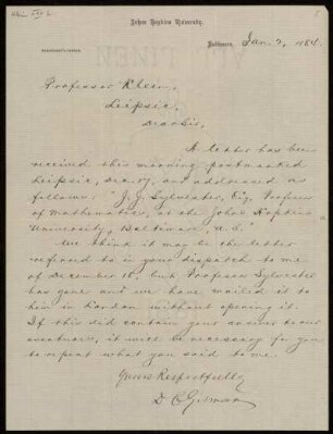 Briefe von Daniel Coit Gilman (Baltimore) an Felix Klein