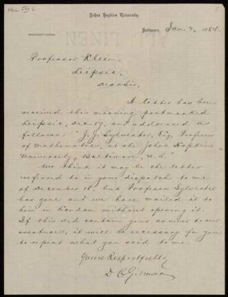 Briefe von Daniel Coit Gilman (Baltimore) an Felix Klein
