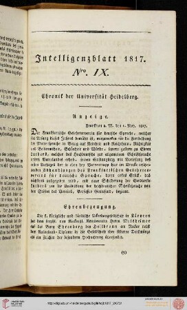 Intelligenzblatt Nro. IX
