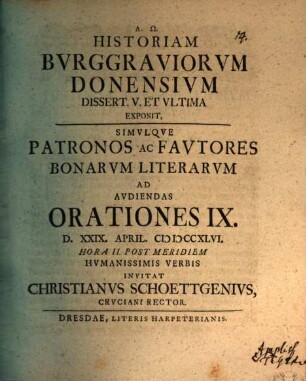 Historiam burggraviorum Donensium exponit. 5