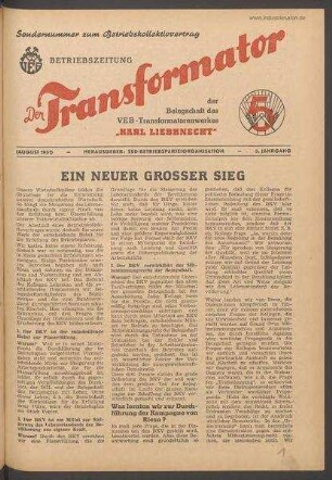 TRO-Betriebszeitung 'Der Transformator'; Sondernummer/1951 (August 1951)