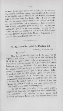 III. Au conseiller privé de légation Alt. Hambourg ce 10 ao^ut 1757.