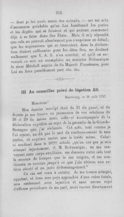 III. Au conseiller privé de légation Alt. Hambourg ce 10 ao^ut 1757.