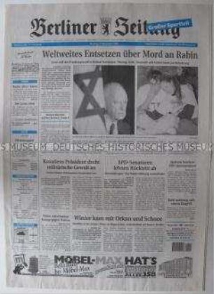 Fragment der "Berliner Zeitung" u.a. zum Mord an dem israelischen Ministerpräsidenten Rabin
