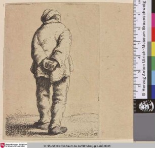 [Rückenansicht eines Mannes mit den Händen auf dem Rücken; Man Holding His Hands on His Back; Un gueux vu par derriere, tenant ses mains derriere le dos]