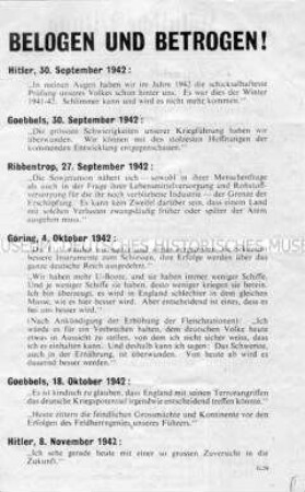 Abwurf-Flugblatt der Alliierten mit einer Gegenüberstellung von Aussagen führender Nazis und realen Kriegsereignissen