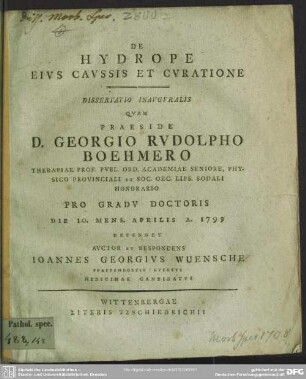 De hydrope Eius Caussis Et Curatione : Dissertatio Inauguralis
