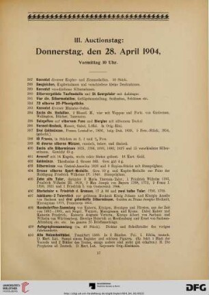 III. Auctionstag: Donnerstag, den 28. April 1904, Vormittag 10 Uhr (Nr. 387-587)