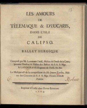 Les amours de Télemaque & d'Eucaris, dans l'Isle de Calipso : ballet heroǐque