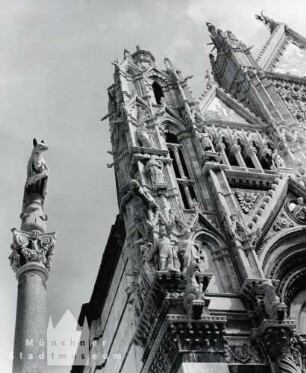 Siena. Fassade am Dom mit Säule u. Wölfin