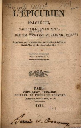 L' épicurien malgré lui : Vaudeville en un acte