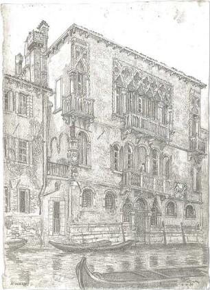 Wach, Hugo; Venedig (Italien); "Zeichnerisches Porträt der Lagunenstadt" bzw. "ein architektonisches Porträt in Lithographien" Vorzeichnungen - Palazzo Mastelli (Perspektive)