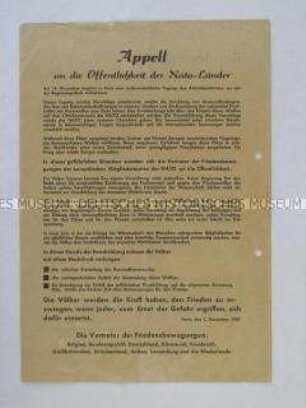 Propagandaflugblatt aus der Friedensbewegung der Bundesrepublik mit einem Appell an die Völker der NATO-Staaten gegen die atomare Aufrüstung