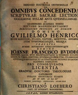 Defensio Doctrinae Orthodoxae De Omnibvs Concedenda Scriptvrae Sacrae Lectione Occasione Bvllae Anti-Qvesnellianae