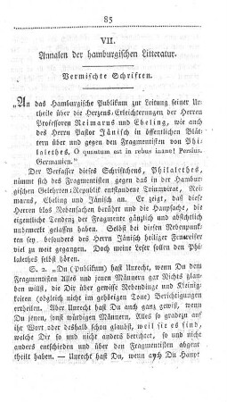 VII. Annalen der hamburgischen Litteratur.