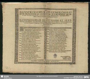 Ad Illustrissimum Et Generosissimum Principem Ac Dominum, D. Johannem Georgium Ducem Saxoniae ... Et Domini Fridrici Ducis Wirtembergiae ... filiam Sibyllam Elisabeth Principem Sponsam : Sponsale Epos