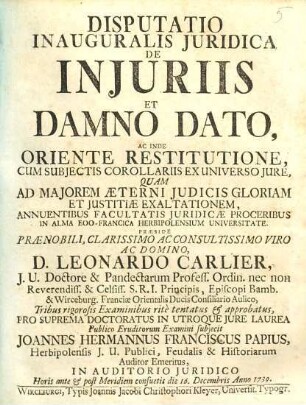 Disputatio Inauguralis Juridica De Injuriis Et Damno Dato, Ac Inde Oriente Restitutione : Cum Subjectis Corollariis Ex Universo Jure