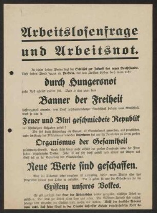 Aufruf zur Arbeit, "Arbeitslosenfrage und Arbeitsnot !", Werbedienst der deutschen sozialistischen Republik, Nr. 67, 28x20 cm