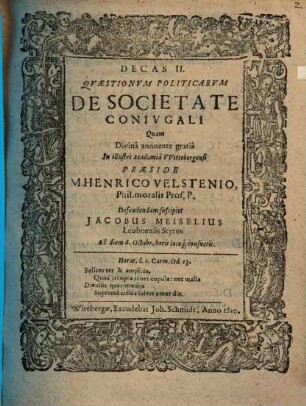 Decas II. Quaestionum Politicarum De Societate Coniugali