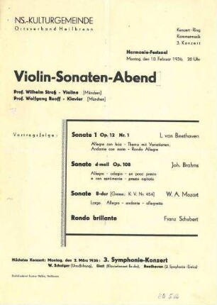 Programmzettel der NS-Kulturgemeinde zum 3. Kammermusik-Konzert Violin-Sonaten-Abend mit Wilhelm Stroß und Wolfgang Ruoff, beide München