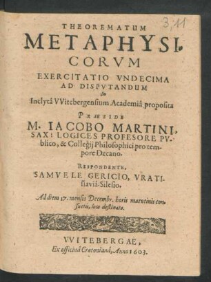 11: Theorematum Metaphysicorum Exercitationes Quatuordecim