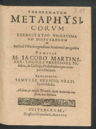 11: Theorematum Metaphysicorum Exercitationes Quatuordecim