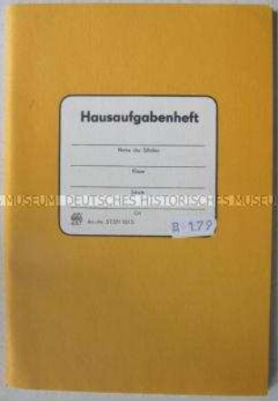 Vordruck-Heft für die Notierung der Hausaufgaben und für Lehrermitteilungen an die Eltern (leer), mit überklebtem Preis in DM