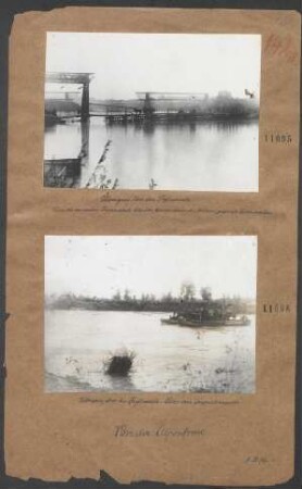 Übergang über den Tagliamento. Vorne die von unseren Truppen erbaute Notbrücke, dahinter die von den Italienern gesprengte Eisenbahnbrücke