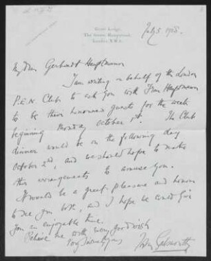 Brief von John Galsworthy an Gerhart Hauptmann