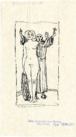 Weibliche Aktfigur und Mönch : Weibliche Aktfigur und Mönch. Federzeichnung auf Pergamentpapier; 19,6 x 10,9 cm (Blattgröße) (vor 1929; M. Molitor). Dresden: SLUB Mscr.Dresd.App.2000,821