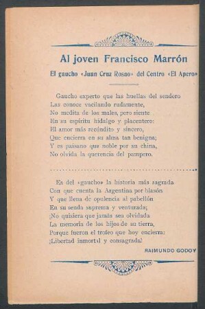 Al joven Francisco Marrón : El gaucho "Juan Cruz Rosao" del centro "El Apero"