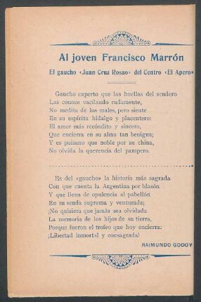Al joven Francisco Marrón : El gaucho "Juan Cruz Rosao" del centro "El Apero"