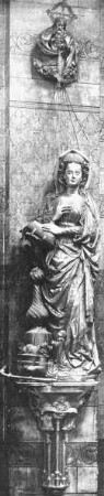 Köln, St. Kunibert, Verkündigungsgruppe an westl. Pfeilern des Chorgevierts, Maria, Konrad Kuyn