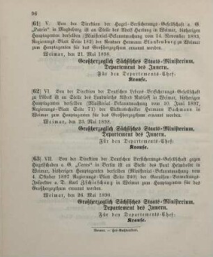 62. Ministerial-Bekanntmachung, betreffend Wechsel in der Hauptagentur der Deutschen Lebens-Versicherungs-Gesellschaft zu Lübeck