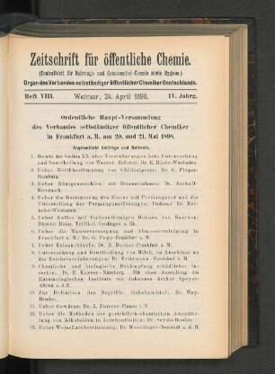 Ordentliche Haupt-Versammlung des Verbandes selbstständiger öffentlicher Chemiker in Frankfurt a. M. am 20. und 21. Mai 1898.