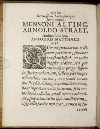 Ornatissimis Doctissimisque Juvenibus, Mensoni Alting, Arnoldo Straet [...]