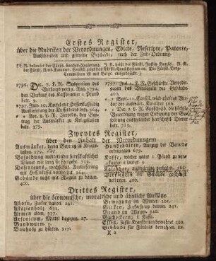 Erstes Register, über die Rubriken der Verordnungen, Edicte, Rescripte, Patente, Ausschreiben und gemeinen Bescheide, nach der Zeit-Ordnung.
