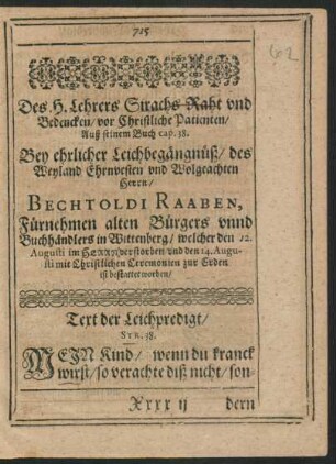 Des H. Lehrers Sirachs Raht und Bedencken ... Herrn Bechtoldi Raaben ...