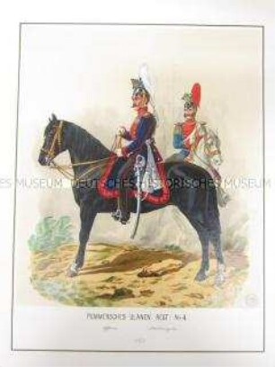 Uniformdarstellung, Offizier und Stabstrompeter des Pommerschen Ulanen-Regiments No. 4 zu Pferd, Preußen, 1864. Tafel 85 aus: Schindler: Militair-Album.
