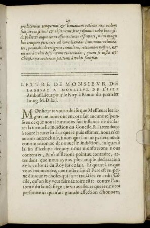 Lettre De Monsieur De Lanssac A Monsieur de L'Isle Ambassadeur pour le Roy à Rome ...
