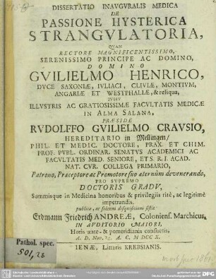 Dissertatio Inauguralis Medica De Passione Hysterica Strangulatoria