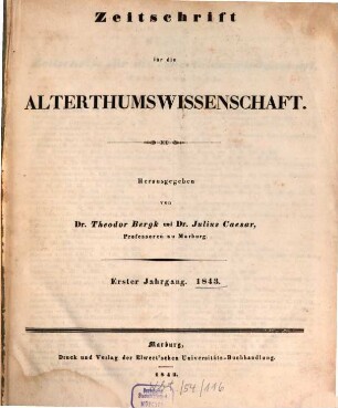 Zeitschrift für die Alterthumswissenschaft. 1, 1. 1843