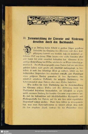 III. Fortentwicklung der Literatur und Förderung derselben durch den Buchhandel