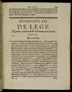 Dissertatio XXI. De Lege. Norma virtutum & actionum moralium, Prior.